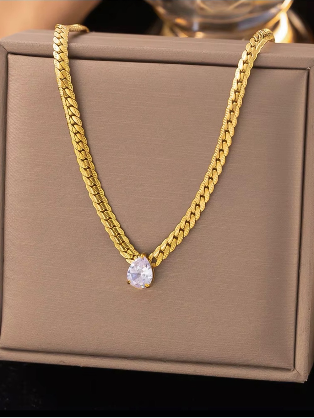 Gold Chain Necklace with Teardrop Crystal Pendant